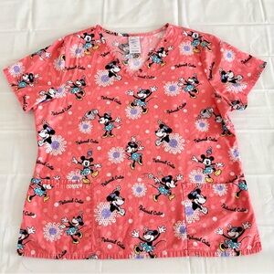 Disney Minnie Mouse Women's L Natural Cutie Polka Dot Floral Scrub Top Coral